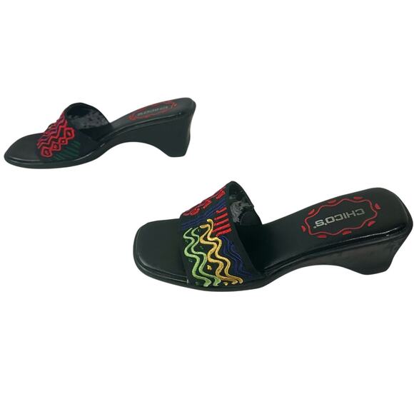 Chico's Women's Size 8M VTG 80s 90s Black Rainbow Embroidery Heeled Slides READ - Picture 2 of 11